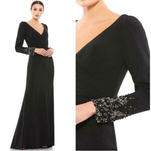 NWT Mac Duggal 55712 Beaded cuffs long sleeve wrap over trumpet gown $598